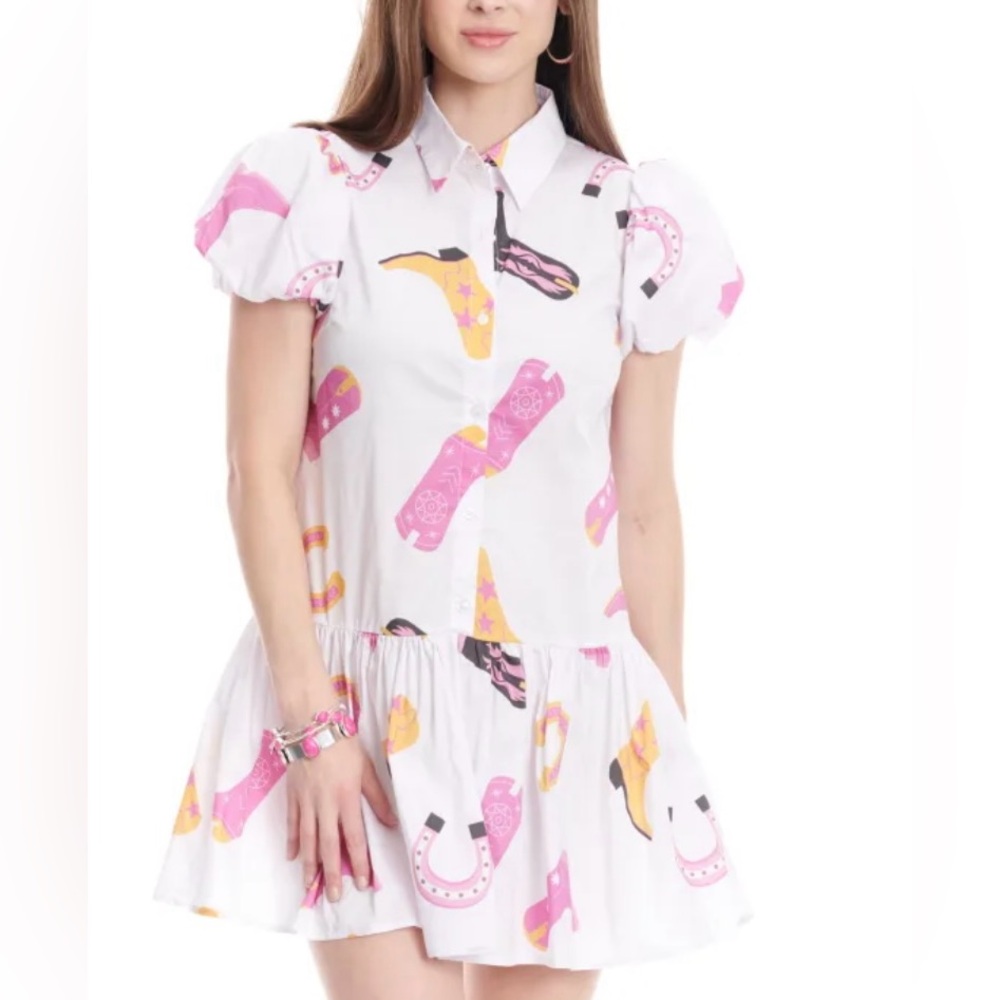 Mainstrip White & Pink Boot Print Short Puff Sleeve Dress NWT Size Large 8 0519